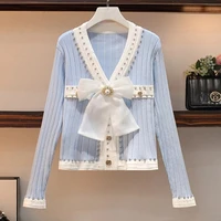 2022 autumn winter designer v collar knitting top women fashion beading sweet bowknot splicing vintage sweater coat