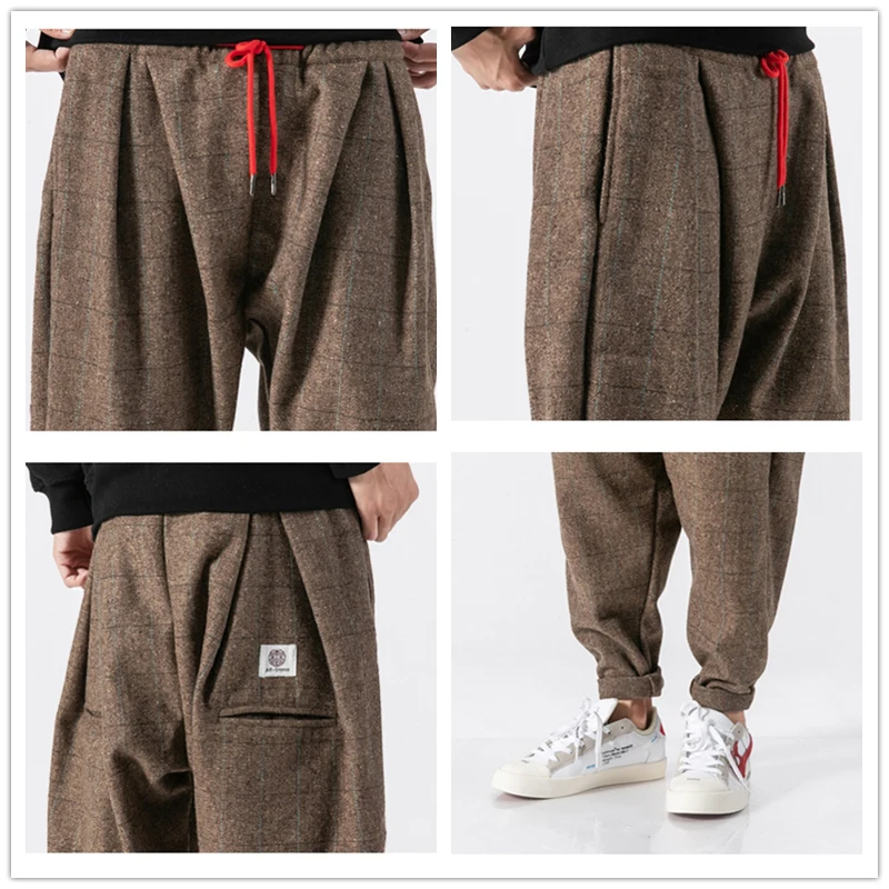 

JDDTON Men's Thick Wool Pants Chinese Style Hip Hop Sweatpants Plaid Harem Japanese Traditional Joggers Male Trousers JE082