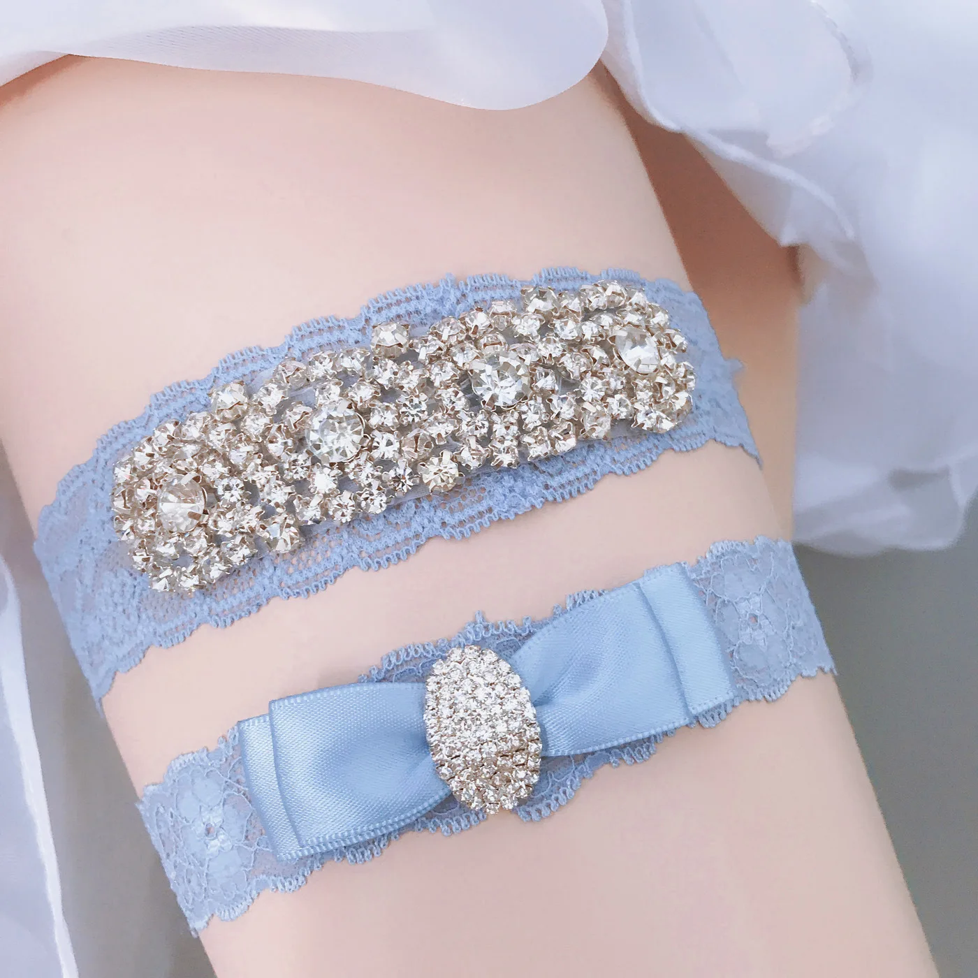 

Blue Bow Wedding Garters Set Bridal Garter Lace Bride Garter Crystal Rhinestone Sexy Garter Women Ladies Leg Garter Thigh Ring