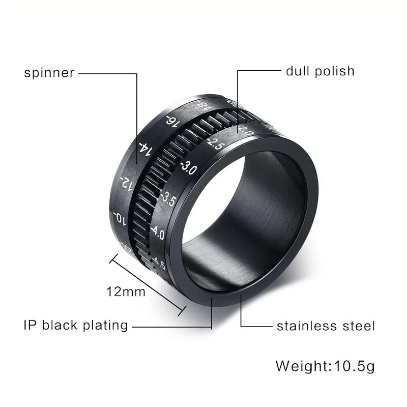 

2020 Original Design Men Ring Camera Rotation Black Unique 12mm Width Stainless Steel Central Spinner