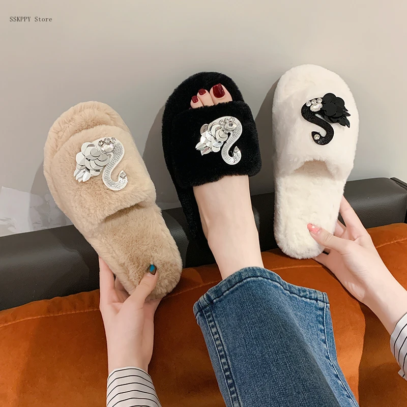 

Plush Slippers Women's Outer Wear2022autumn and Winter New Indoor Home Flat-bottom Comfortable and Elegant Cotton Slippers Women