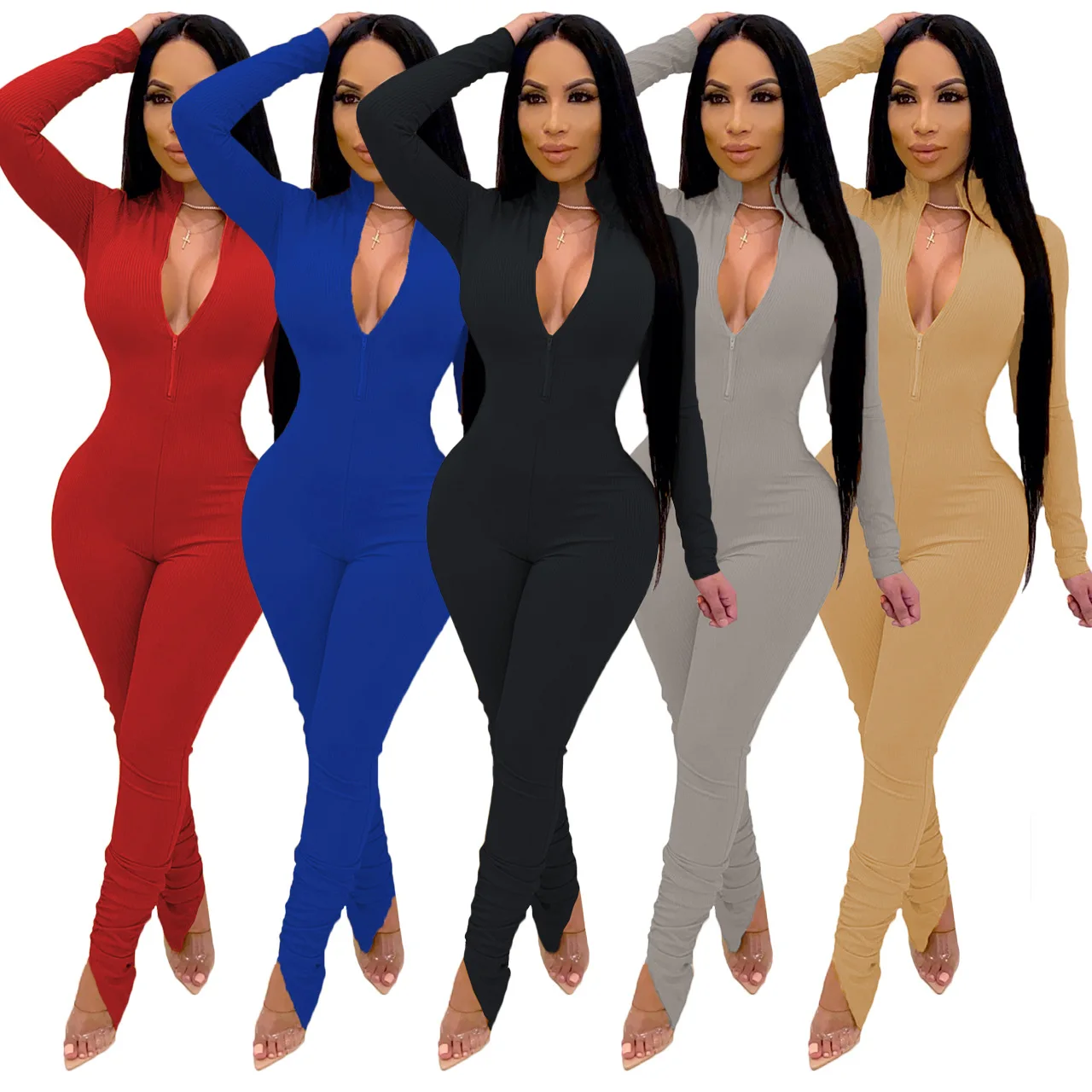 

Women Jumpsuits Casual Zipper Collar Long Sleeve Full Length Pleated pile Solid Regular Elegant Autumn/Winter Polyester
