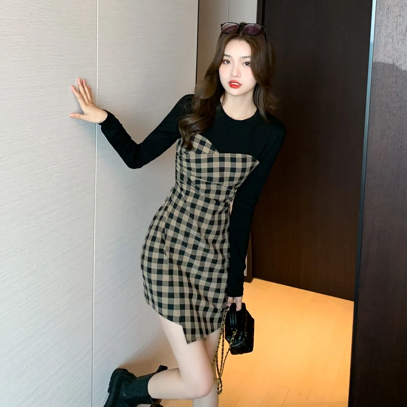 

Korean Fashion Autumn Winter Plaid Slim Waist Black Mini Dress Female Stitching Elegant Vintage Dress One Piece Office Ladies