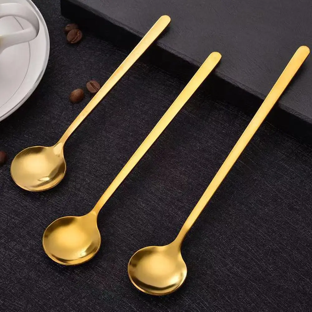 

1Pc Golden Retro Style Steel Ice Spoon Bar Coffee Stirring Teaspoons Dessert Kitchen Round Spoon Head Sugar Soup T7W6
