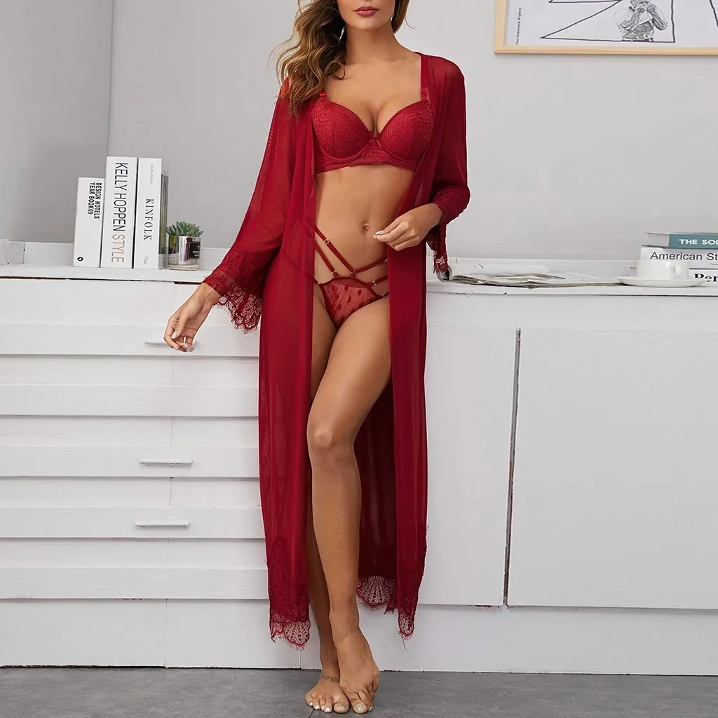 

Lace Mesh Robe Women See Through Kimono Bathrobe Beach Bikini Cover-up Nightdress Long Sleeves Nightgown Casual Soft Pajamas