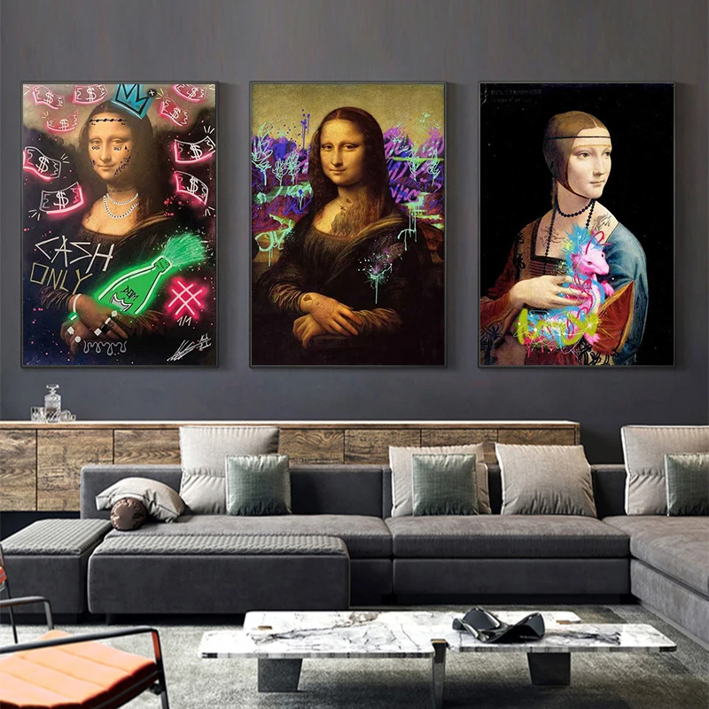 

Funny Mona Lisa Graffiti Wall Art Canvas Paintings Vintage Famous Portrait Posters and Prints Picture for Living Room Home Decor