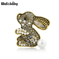 wulibaby pearl rabbit brooches women vintage rhinestone 2 color rabbit animal casual party brooch pins gifts