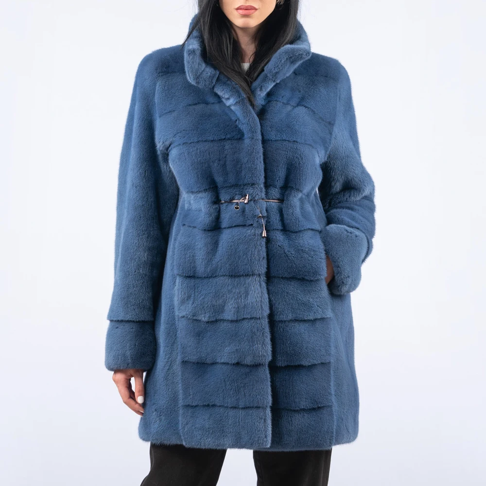 Модное синее пальто из натурального меха норки, Женское зимнее высококачественное пальто из цельного натурального меха норки для женщин, з...