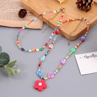 boho rainbow beads clay flower weave flower choker necklaces for women girl smiling pendant necklaces charm handmade jewelry new