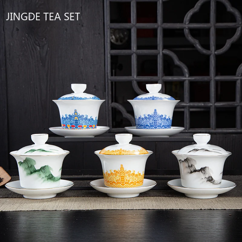 

Индивидуальная Керамическая ручная роспись Пномпень Gaiwan Бытовая чайная чашка большая чайная чаша белый фарфор на глазури цветной чайный н...