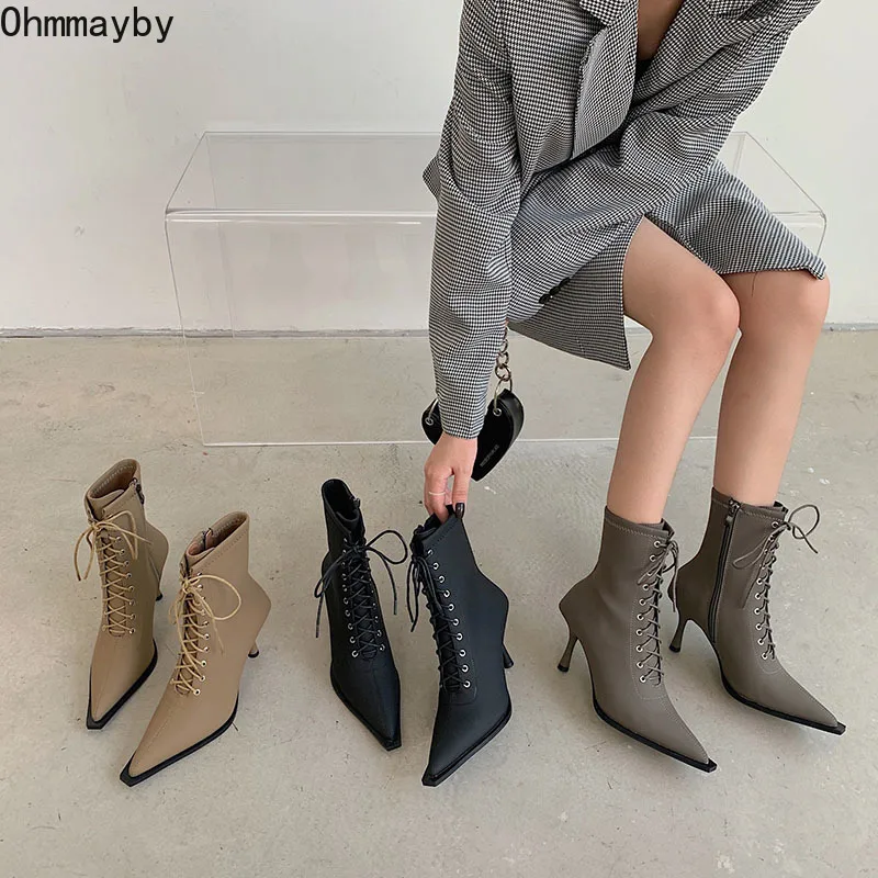 

2021 Women Pointed Toe Ankle Boots Elegant Thin Heel Fashion Zipper Lace Up Short Skinny Boots Autumn Winter Black Ladies Shoes