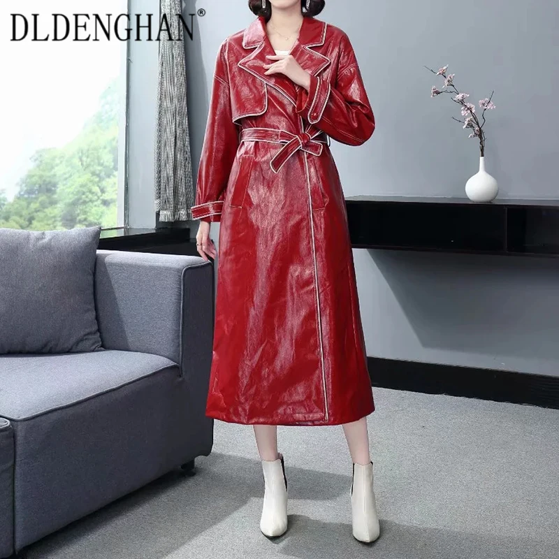 

DLDENGHAN Fashion Runway Designer Autumn Winter Red Trench Women Long Sleeve White Striped Patchwork Overcoat Outwear