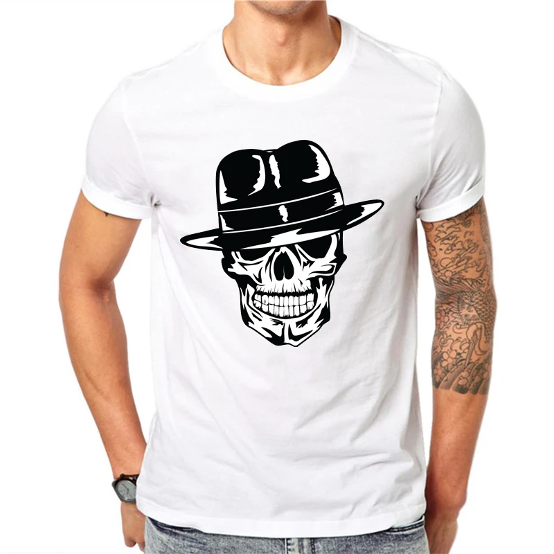 

Summer Men's Hat Skull Design Printed Cotton High Quality O-neck Hip-hop Streetwear Handsome Wearing Men's Graphic T-shirt