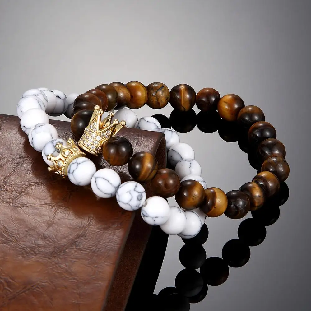 202 Crown Bracelet Couple Female Jewelry 8mm Natural Stone Micro Inlaid Zircon Gold andMen homme Gift | Украшения и аксессуары