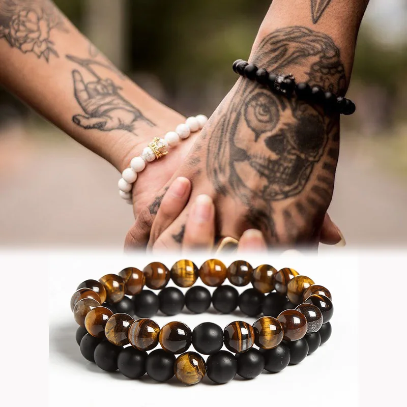 

Hot 2pcs/Set Tiger Eye Black Lava Natural Stone Beaded Bracelets Couples Distance Bracelet Energy Elastic Rope Malachite Jewelry