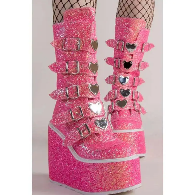 

Fall 2021new Popular Boots Women's Thick Bottom Mid-Calf High Heel Slimming Large Size Belt Buckle Heart-Shaped Metal Decoration