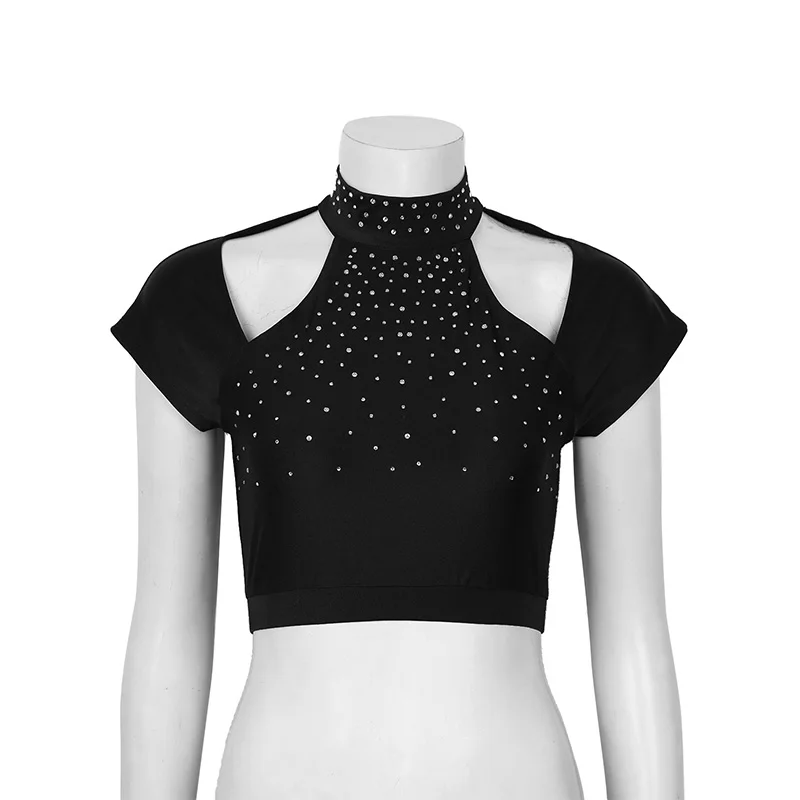 ChicTry блестящие стразы макет шеи короткий рукав Прозрачная сетка Сращивание