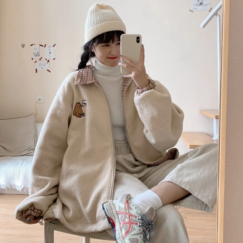 

Women wear lamb wool cotton clothes both Women's new Korean version in autumn and winter 2020 loose Plush thickened