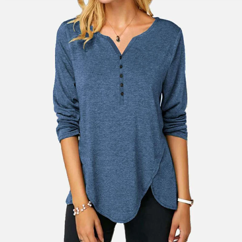 

Spring Women Asymmetric Casual Long Sleeve Tshirt Split V-Neck New Solid Color Button T-Shirts Irregular Hem Large Size Clothing