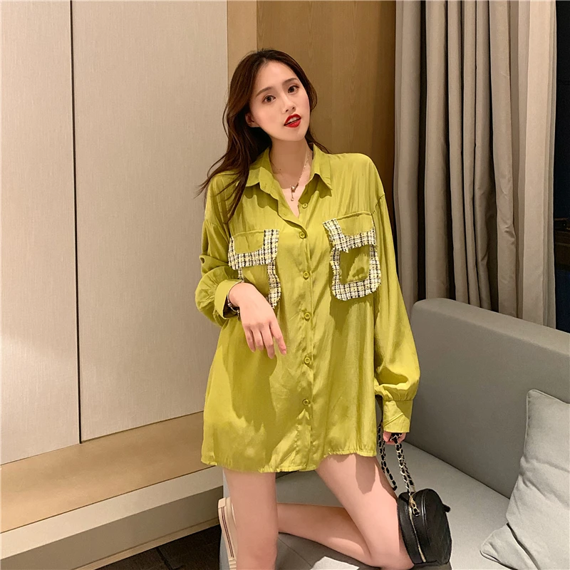 

SuperAen New Design Fashion Patchwork Pocket Plaid Hit Color Turn Down Collar Blouse Women