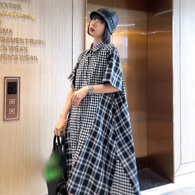 

CHICEVER Black Plaid Dress For Women Lapel Short Sleeve Mid Single Breasted Patchwork Hit Color Dresses Female Clothing 2021 New