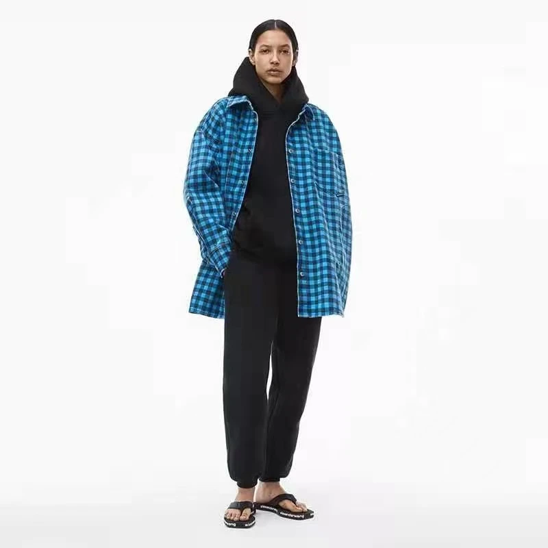 

2021 autumn new high street fashion men's and women'ssame denim plaid jacket women's long-sleevedlapelmid-length shirt clip gram