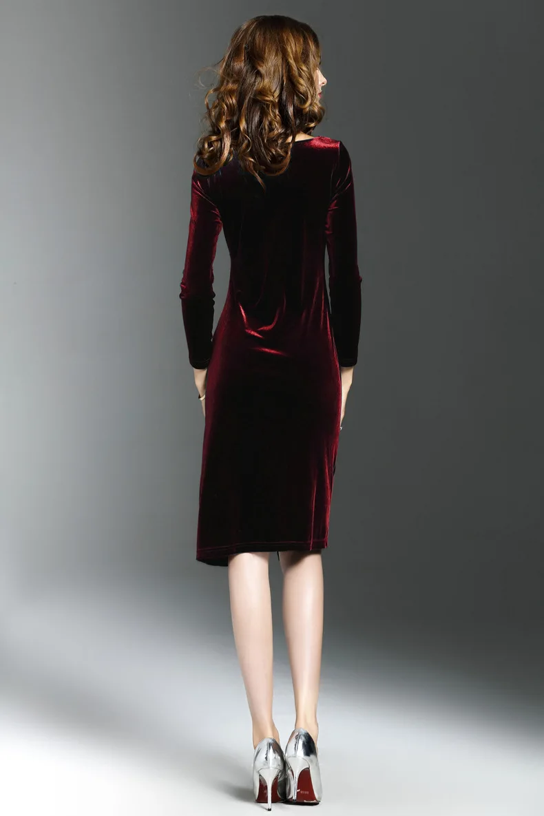 Осенне-зимнее бархатное платье женское элегантное с длинным рукавом однотонное