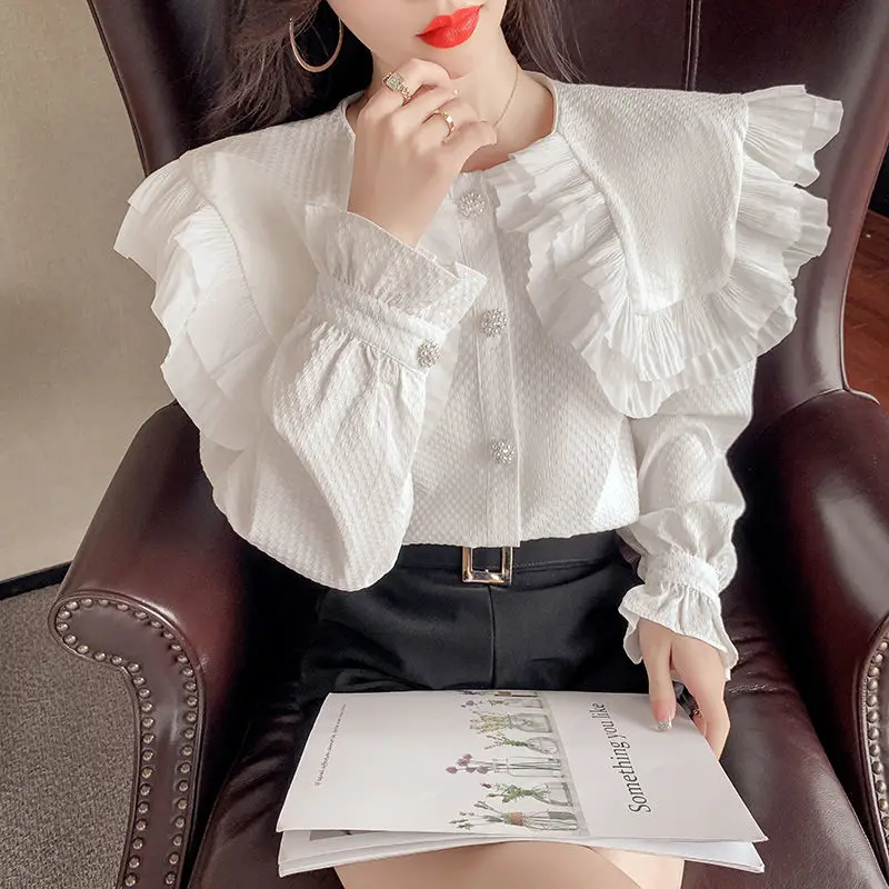 

Женские корейские топы, весенние однобортные свободные элегантные рубашки с воротником Питера Пэна, Повседневная Уличная одежда X999