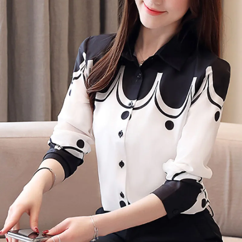

Fashion Women 2021 Casual Printed Women Tops Long Sleeve Turn-down Collar Women Clothing Office Lady Chiffon Blouses 5499 50