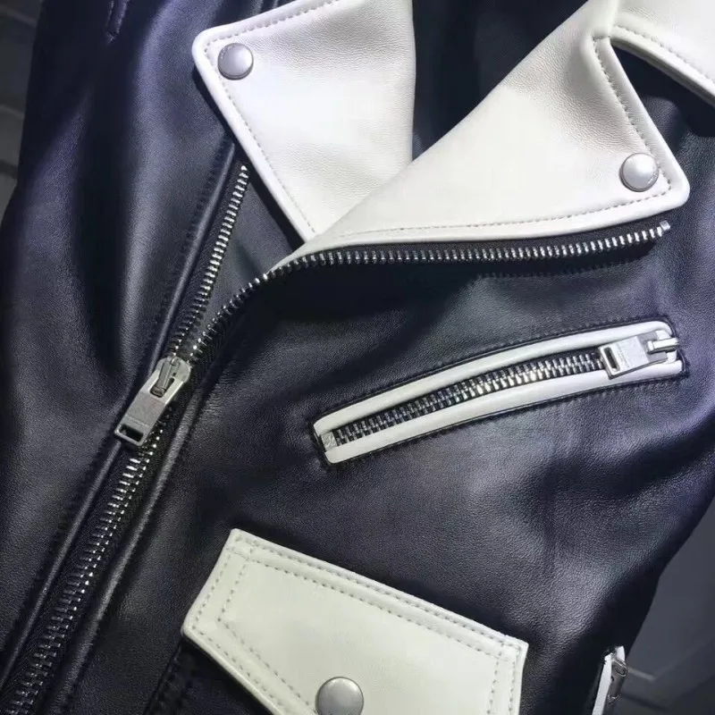 

Biker Mens Brand Designer Sheepskin Genuine Leather Jacket Colors Mixed Slim Fit Short Motorcycle Coat Autumn Windproof Jackets