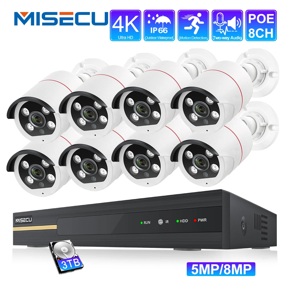 Система видеонаблюдения MISECU H.265 8 каналов МП 5 Ultra HD 4K POE двусторонняя аудиосвязь