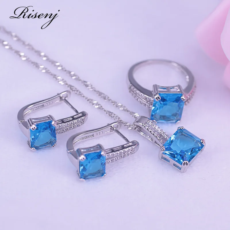 Акция в дубайском стиле Серебряный цвет квадрат Небесно-Голубой CZ &amp кольцо с