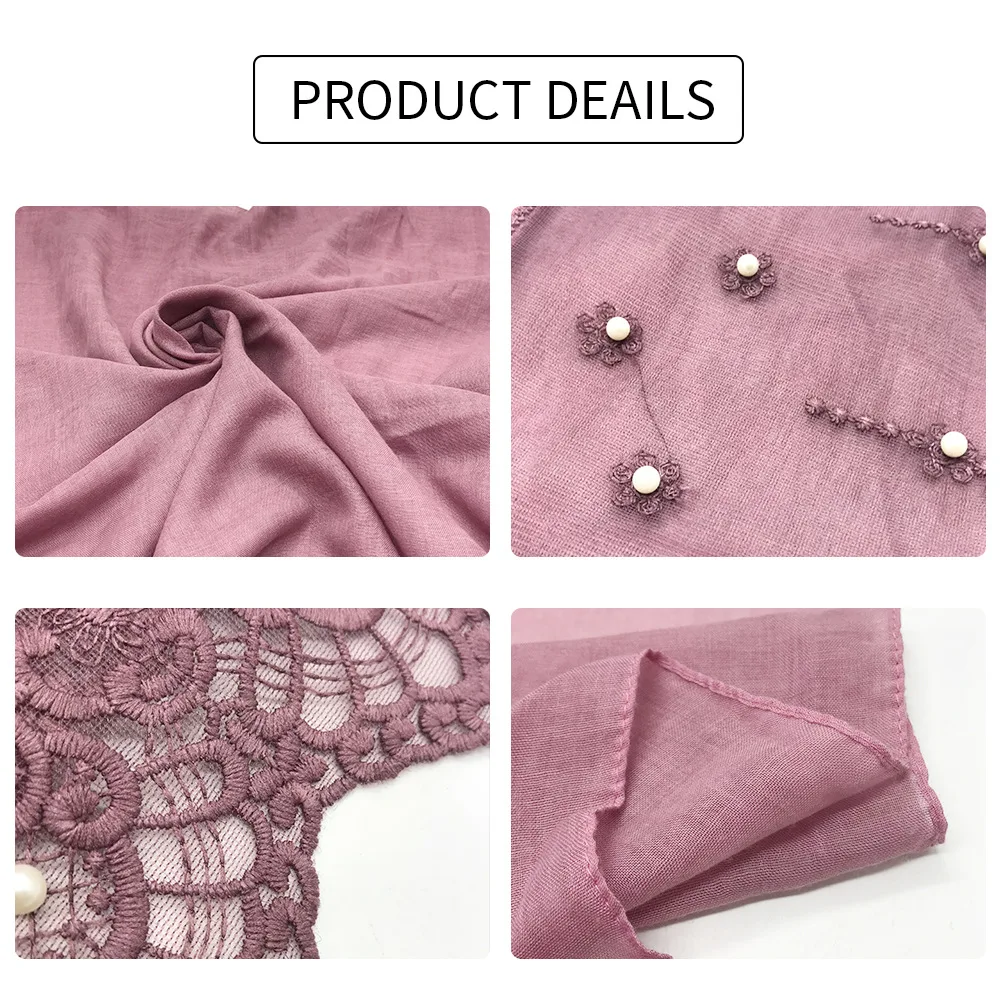 2019 женский хлопковый кружевной шарф с простым жемчугом головной хиджаб накидка