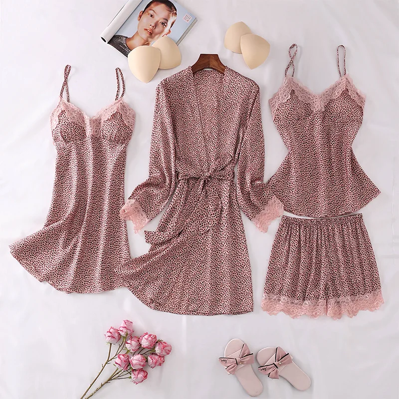 

Summer Faux Silk 4PCS Sleepwear Women Lace Trim Pajamas Set Casual V-neck Sleep Set Female Pijamas Suit Comfy Home Clothing