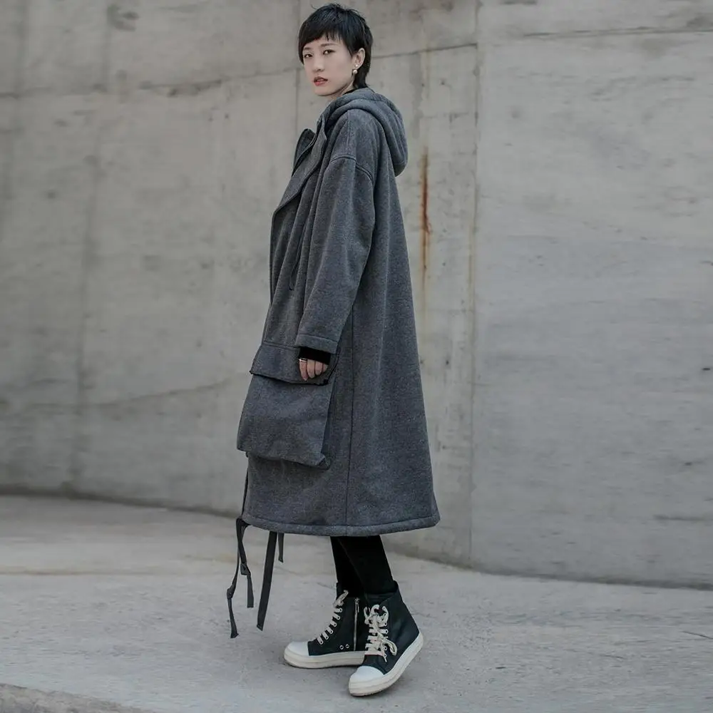 New 2019 Women Winter Korean Fashion Gray Hooded Trench Coat With Big Pocket Lady Unique Plus Long Jacket Windbreaker L1207C-49 |