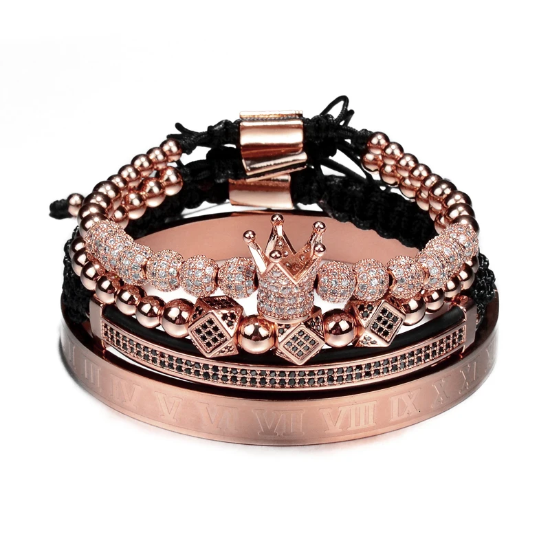 Лидер продаж, классический плетеный браслет ручной работы, золотой, хип-хоп, мужской браслет с фианитами, Корона из римских цифр, роскошные ювелирные изделия