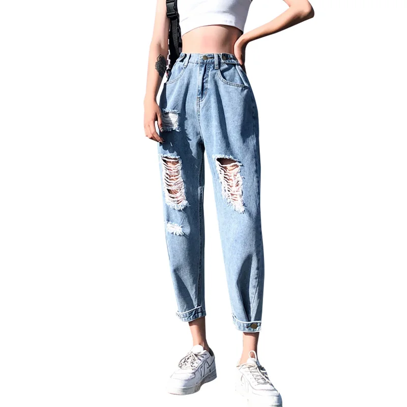 

New Korea Fashion Vintage Ripped Boyfriend Jeans For Women Fashion High Waist Blue Jeans Plus Size Jeans 4XL 5XL Pantalones