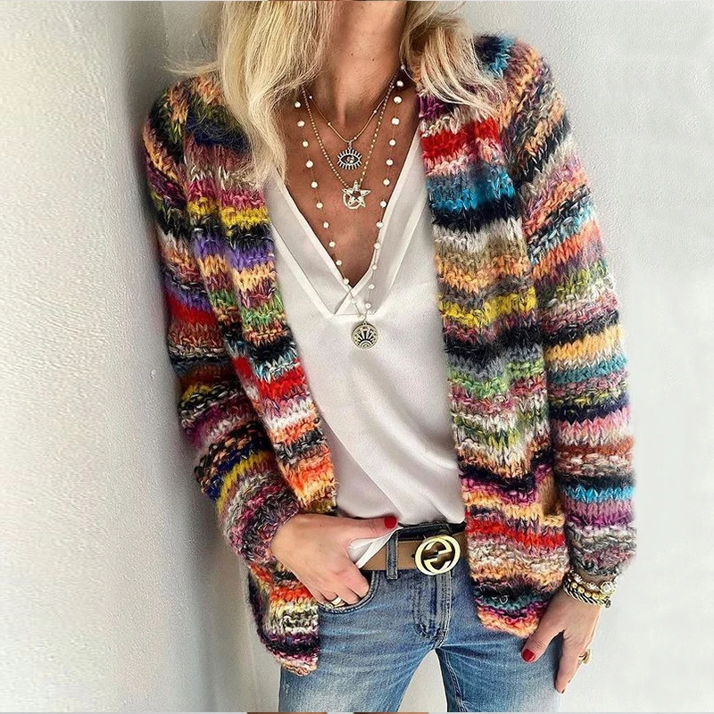 

SHZQ Women Elegant Multicolor Print Knitted Cardigans Sweater Autumn Winter Long Sleeve Coat Tops Ladies Casual Pocket Sweaters