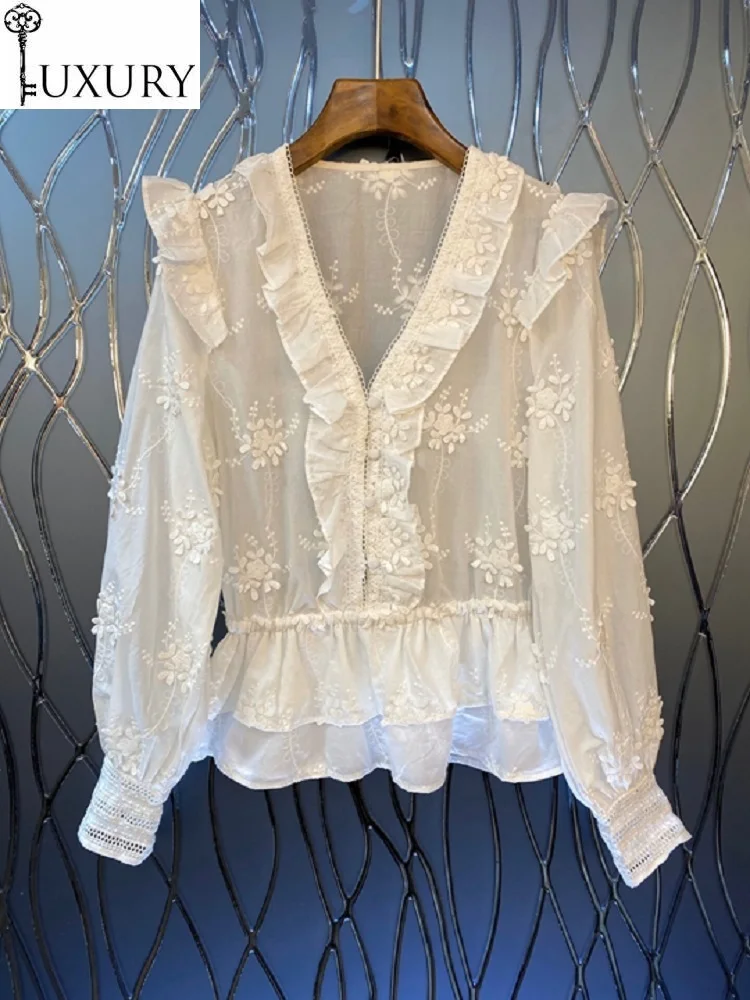 Fashion New Blouses Korean 2020 Summer Women V-Neck Appliques Flower Embroidery Long Sleeve Casual White Loose Tops Ladies