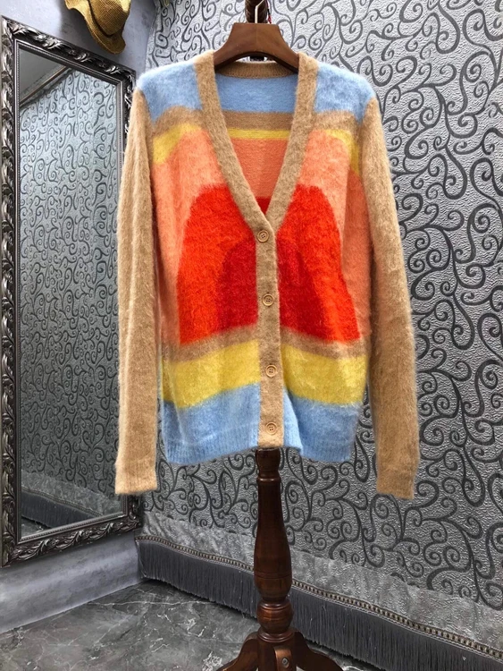 

2021 new women fashion V-neck blooming color matching stitching decorative buttons long-sleeved all-match knitted top 1021