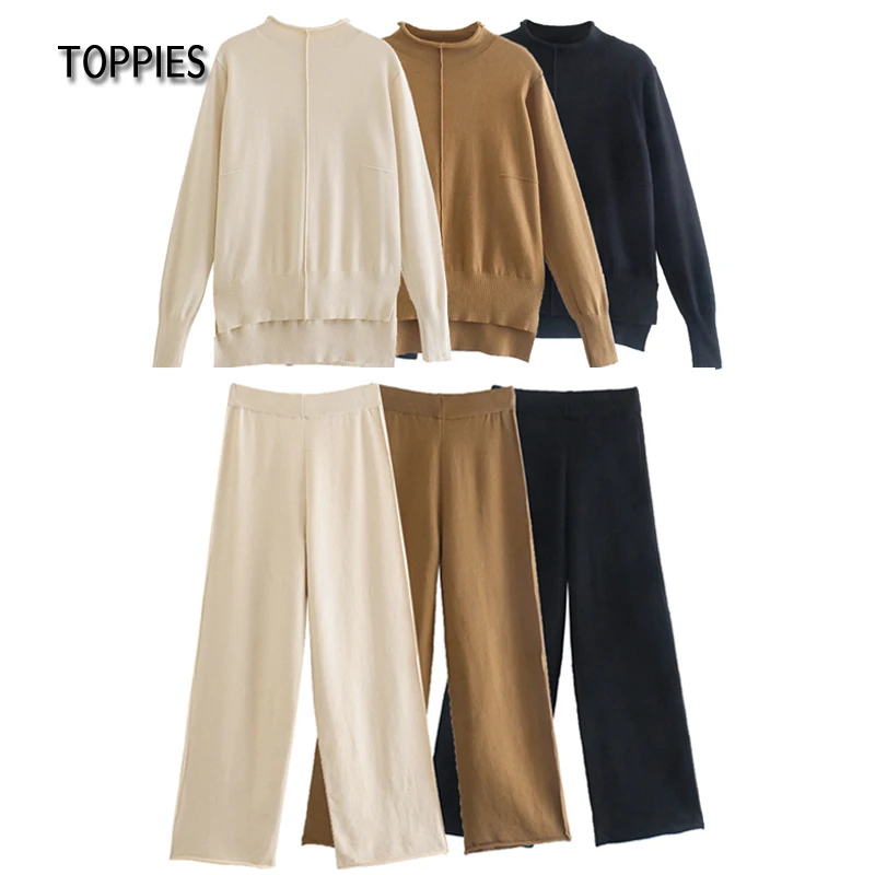 

Комплект зимних трикотажных брюк Toppies, мягкий теплый кашемировый комплект из двух предметов, Женский пуловер, женские шикарные широкие брюк...