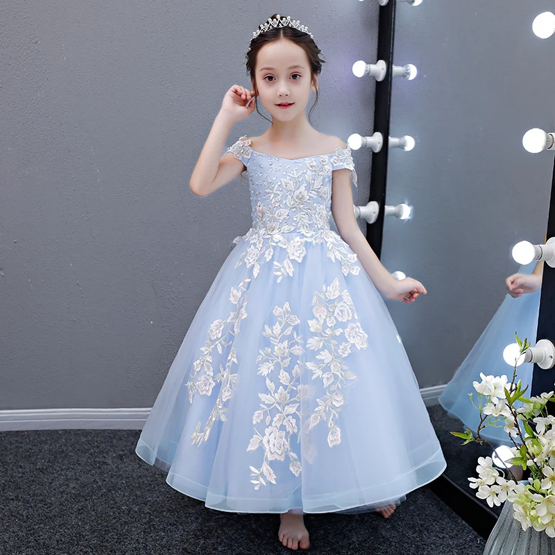 

Flower Girl Dresses Illusion Sequined Beading Off The Shoulder Princess Floor-Length Tulle Embroidery Lace Kids Party Gown H207