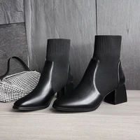 sexy leather boots for women 2022 high heel sock boots female stretch knitted fabric shoes womens boots fashion ankle booties