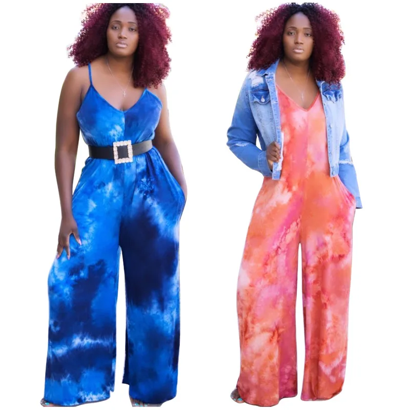 

Fashion Tie-dye Jumpsuits for Women Summer 2021 New Plus Size Women's Summer Sexy Sling Urban Street Playsuits Wide Leg Pants