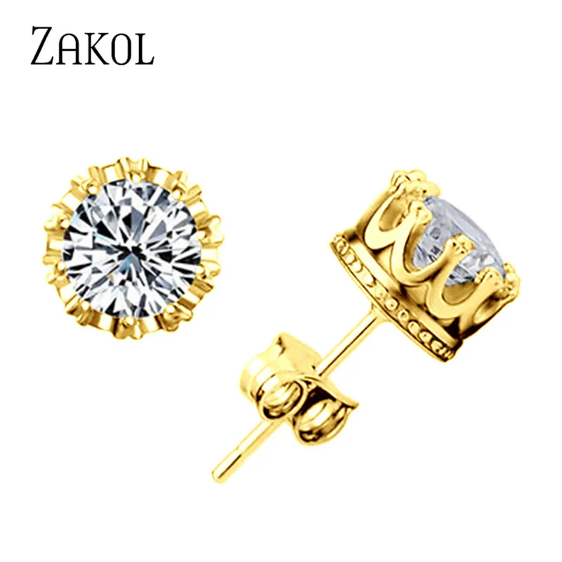 Gold Color 6mm ZAKOL, модные ювелирные изделия, корона, женские классические блестящие циркониевые маленькие серьги-гвоздики, золотой цвет, шпильки для ушей для мужчин, серьги с кристаллами EP398 - Окраска металла: Gold Color 6mm