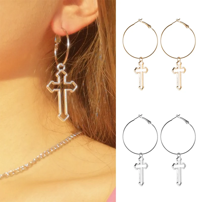 

Fashion Punk Hollow Cross Dangle Earrings For Women Minimalist Silver Gold Round Circle Drop Earring Ear Jewelry Gifts