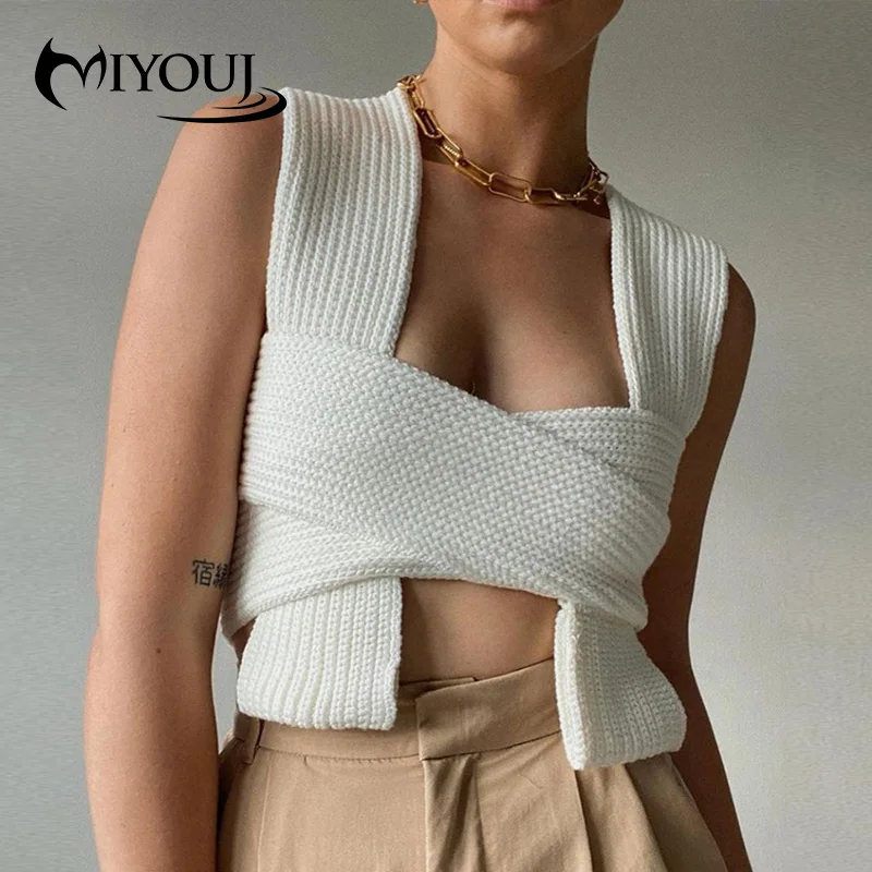 

MIYOUJ Woollens Spring Summer Top Sexy Solid Bandage Women Clothing Sleeveless Tank Tops For Female 2021 New Fashion Vest