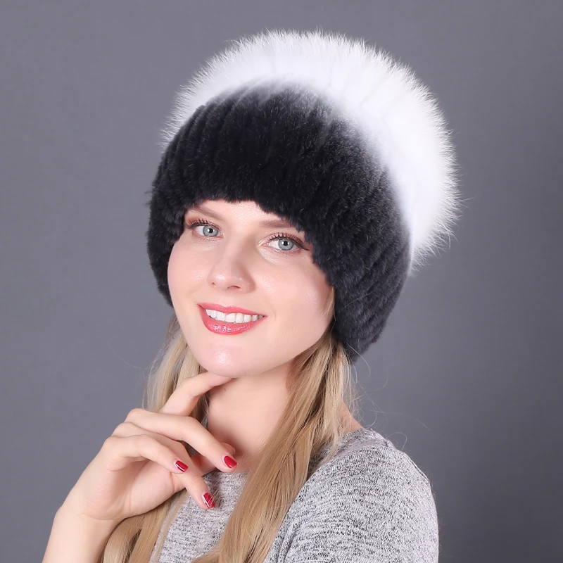 Зимняя меховая шапка для женщин Настоящий мех кролика шапки с лисой меховой цветок вязанные шапки-бобы Новая высококачественная женская меховая шапка - Цвет: color2
