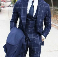 men blue suits check formal groom wedding wide peak lapel suit tuxedos tailored