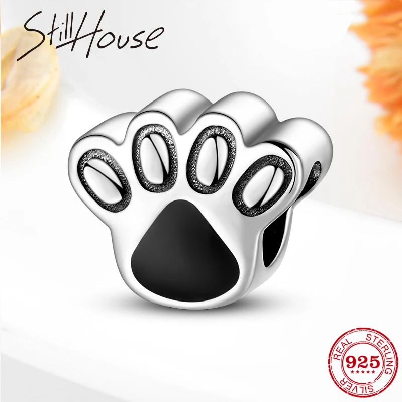 Бусины из серебра 925 пробы с черной эмалью в виде щенячьей лапы для изготовления